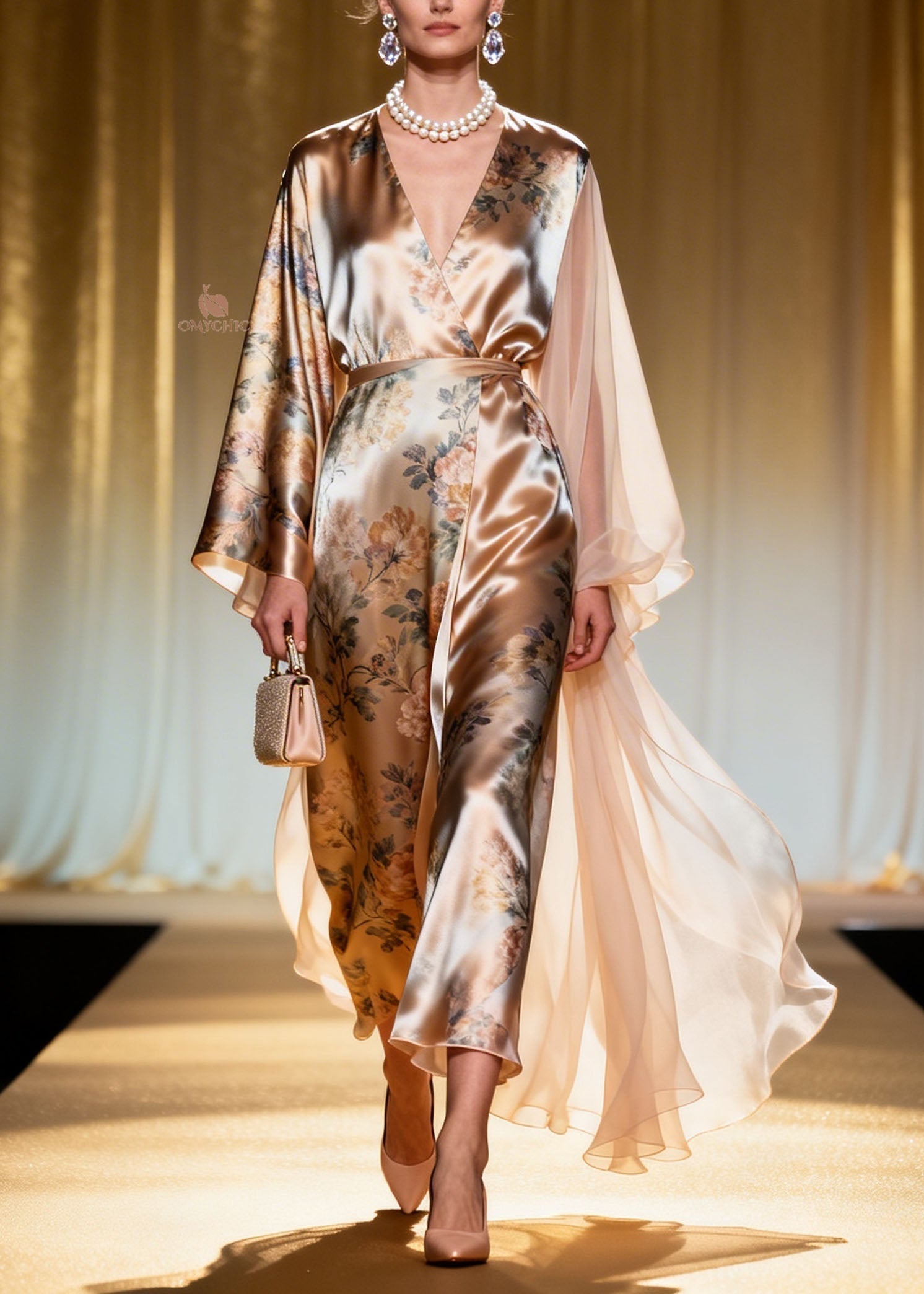 Floral Print Wrap V-Neck Kimono Sleeve Sheer Train Cape Overlay Maxi Gown