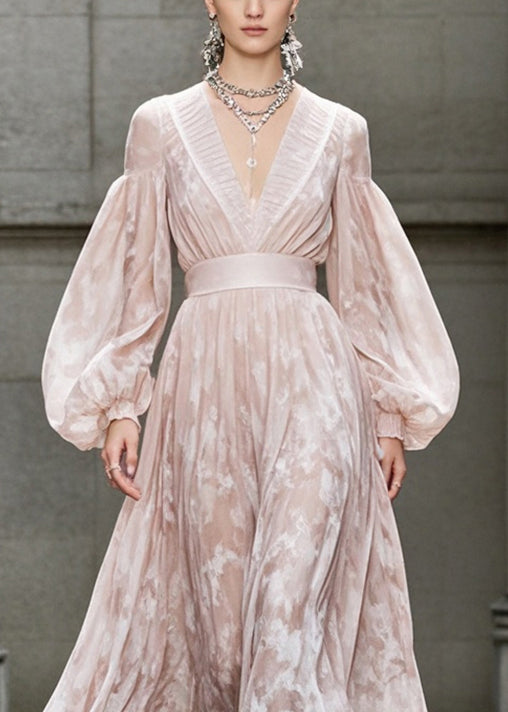 Marbled Print Deep V-Neck Pleated Trim Bishop Sleeve Belted Waist Maxi Gown