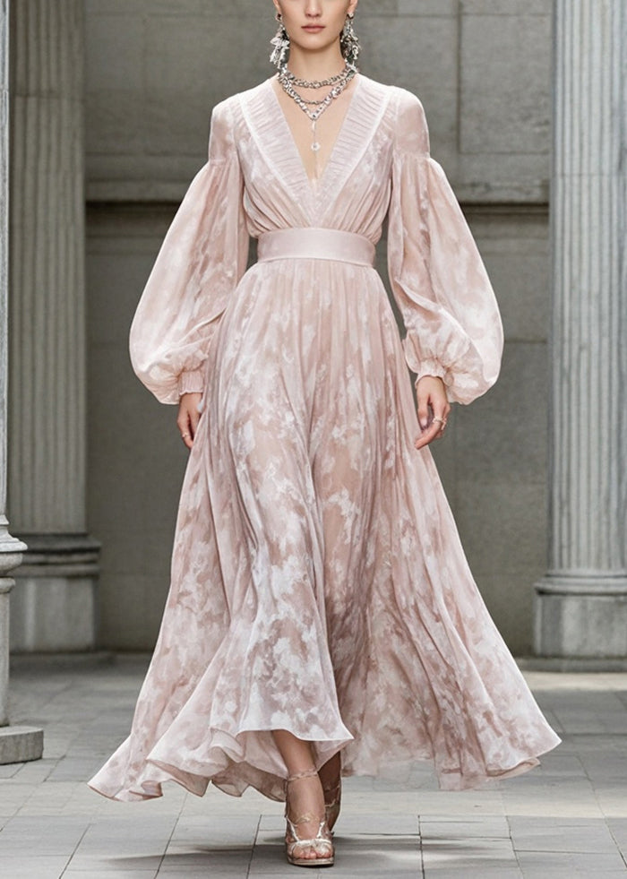 Marbled Print Deep V-Neck Pleated Trim Bishop Sleeve Belted Waist Maxi Gown