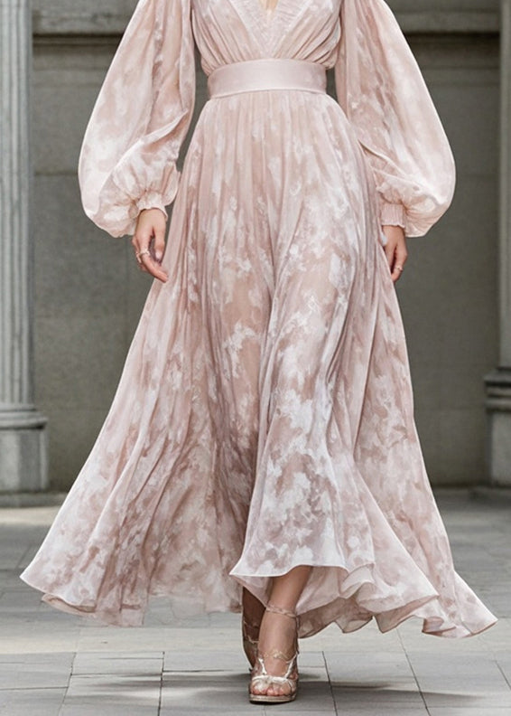 Marbled Print Deep V-Neck Pleated Trim Bishop Sleeve Belted Waist Maxi Gown