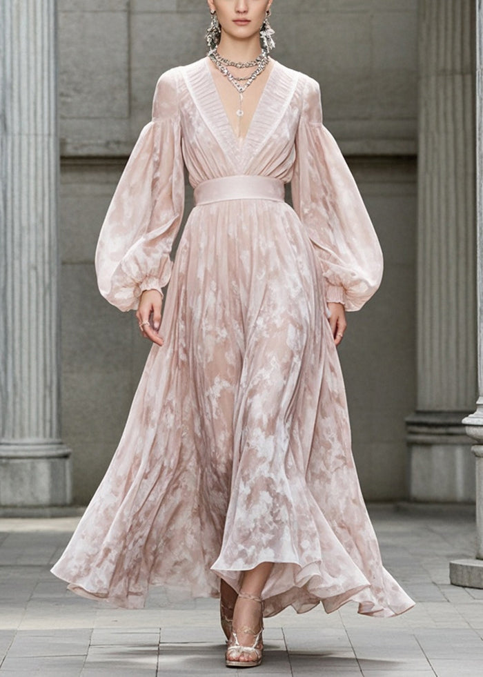 Marbled Print Deep V-Neck Pleated Trim Bishop Sleeve Belted Waist Maxi Gown