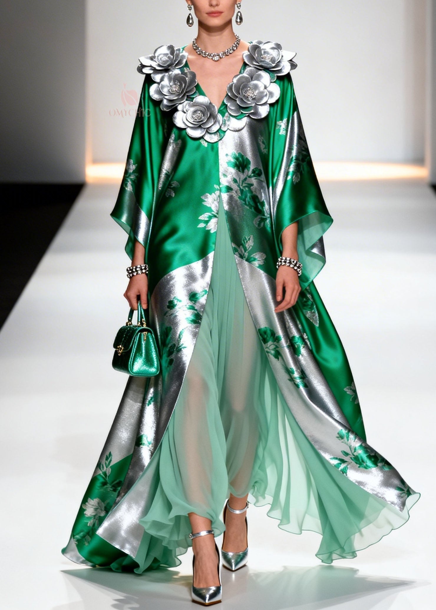 Metallic Floral Print 3D Applique V-Neck Open Coat Pleated Chiffon Maxi Skirt Two-Piece Set