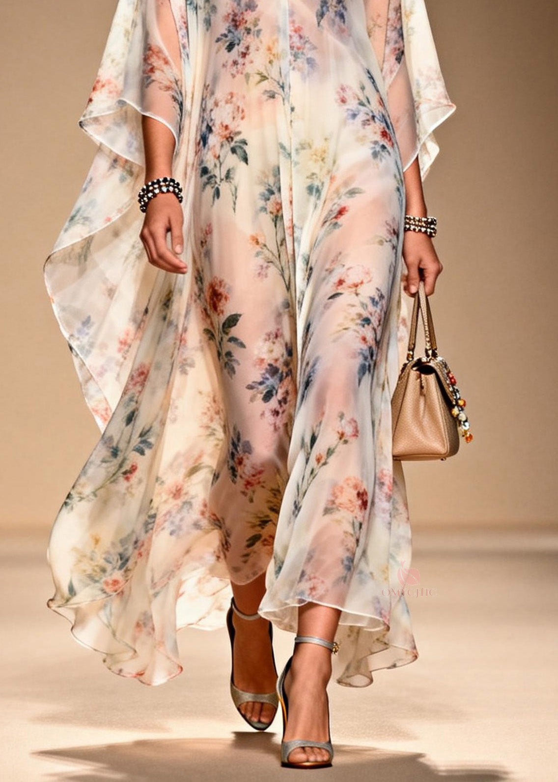 All Over Floral Print Deep V-Neck Cape Sleeve Sheer Chiffon Kaftan Maxi Gown