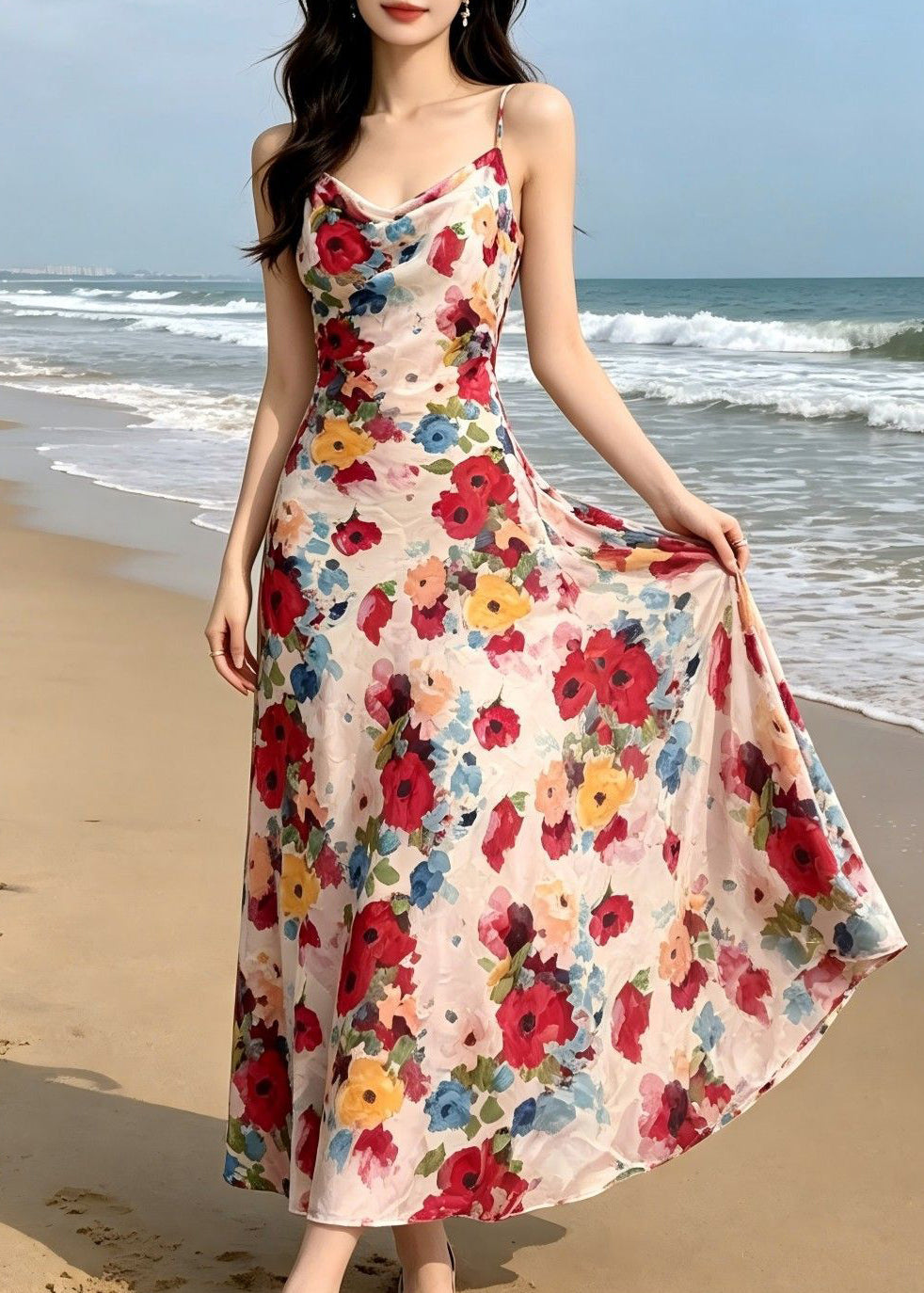 Satin Floral Print Cowl Neck Spaghetti Strap Slip Maxi Dress