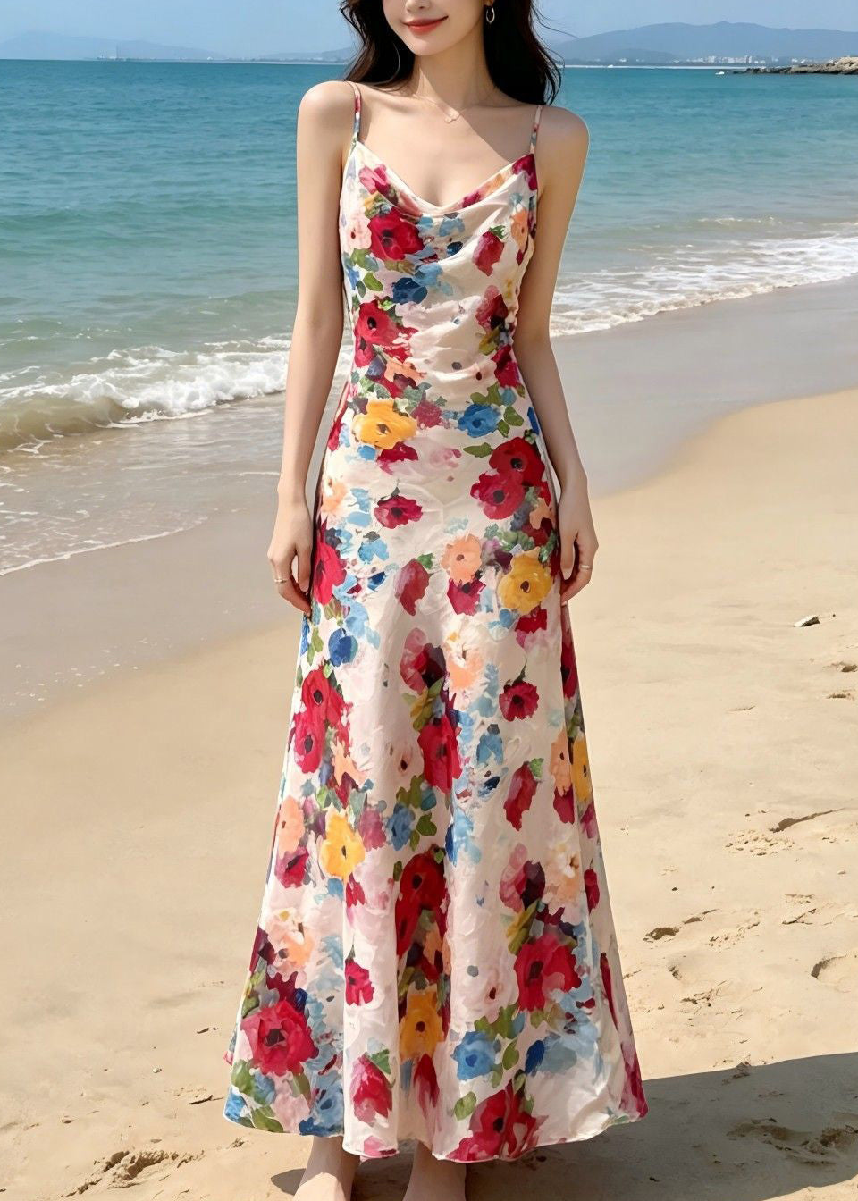 Satin Floral Print Cowl Neck Spaghetti Strap Slip Maxi Dress