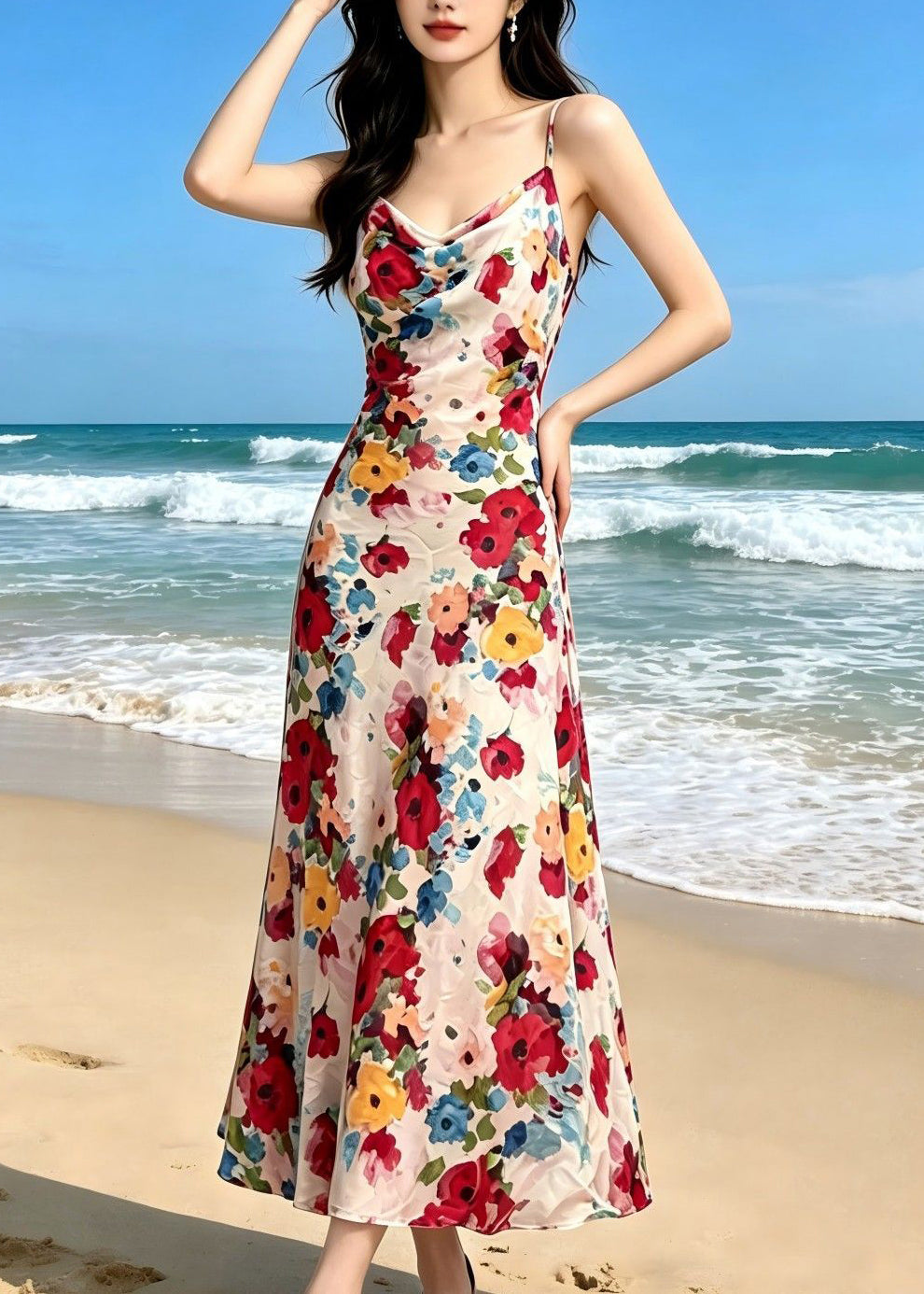 Satin Floral Print Cowl Neck Spaghetti Strap Slip Maxi Dress