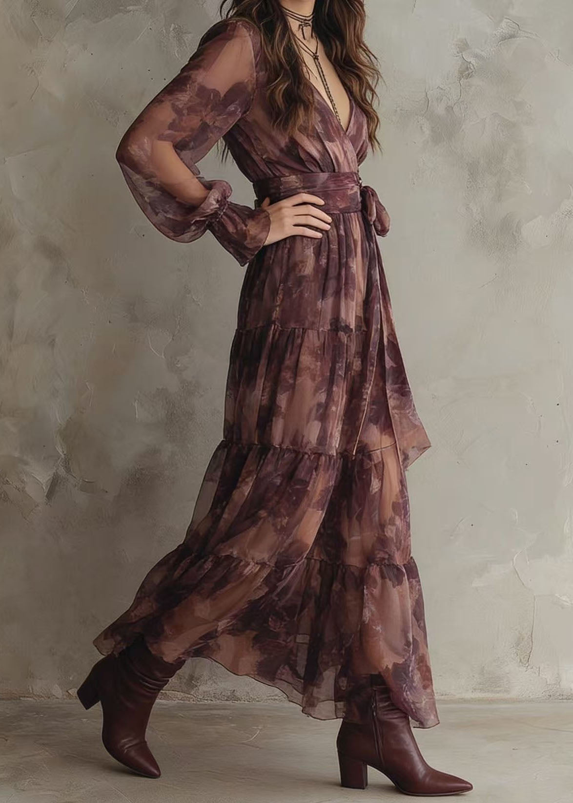 Floral Print Wrap Deep V-Neck Long Puff Sleeve Tiered Maxi Summer Dress