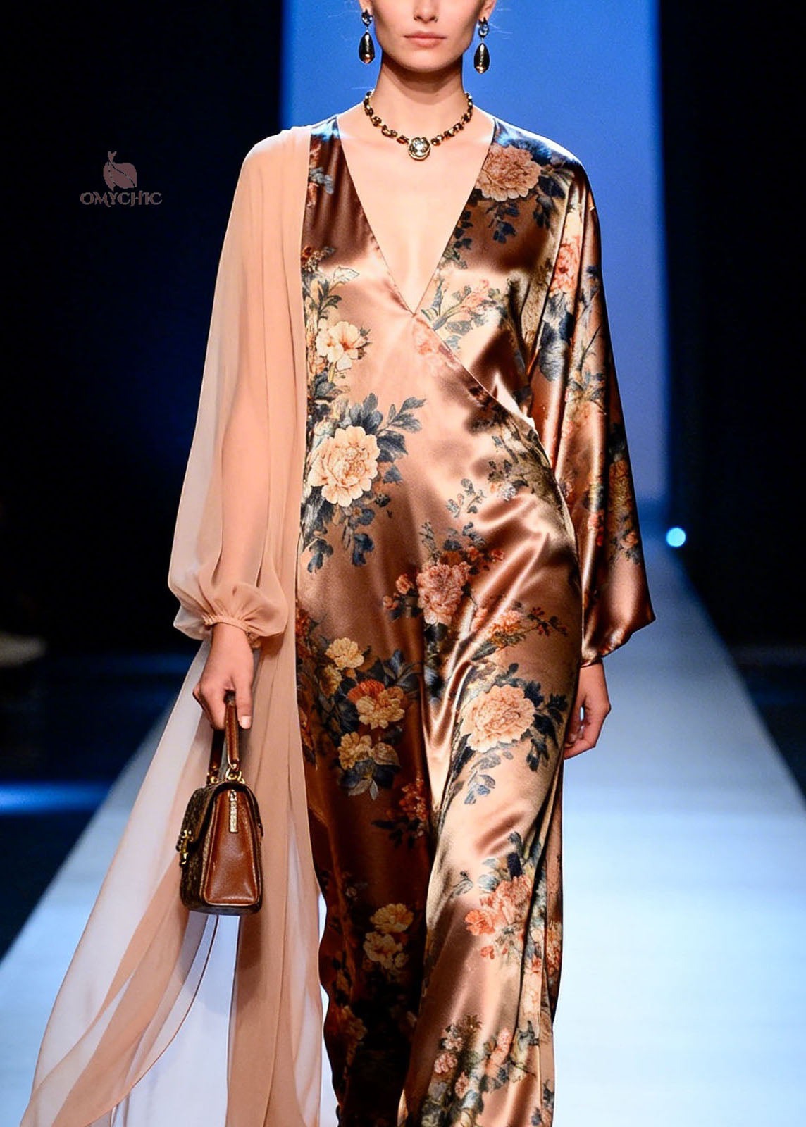 Satin Floral Print Deep V-Neck Wrap Long Sleeve Sheer Cape Maxi Gown