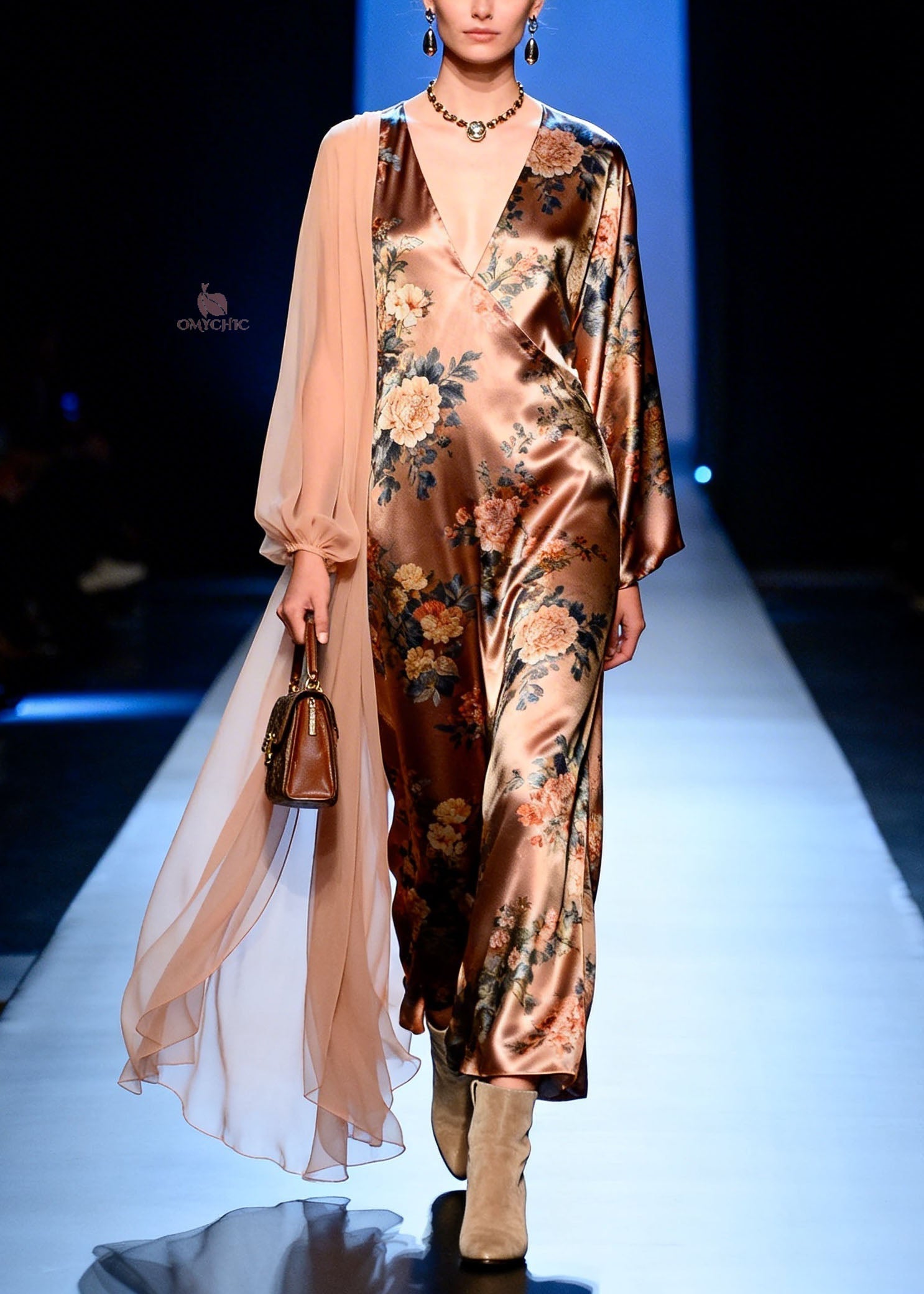 Satin Floral Print Deep V-Neck Wrap Long Sleeve Sheer Cape Maxi Gown
