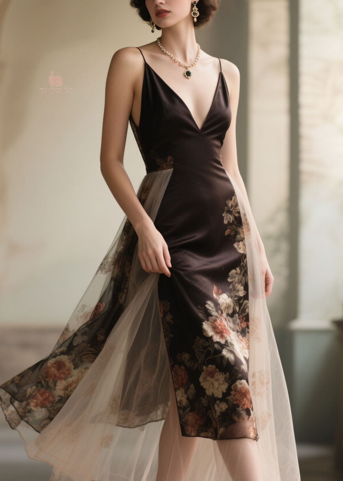 Satin Floral Spaghetti Strap V-Neck Tulle Overlay Midi Dress