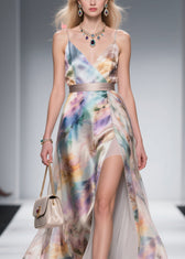 French V Neck Side Open Silk Maxi Spaghetti Strap Dress Summer 2