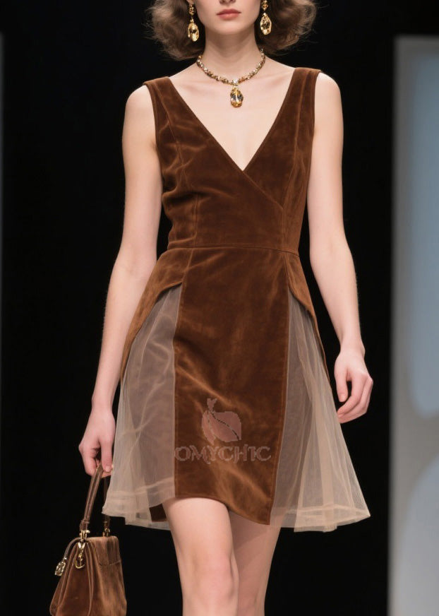 Deep V-Neck Wrap Sleeveless Velvet Tulle Side Panel Fit and Flare Mini Dress