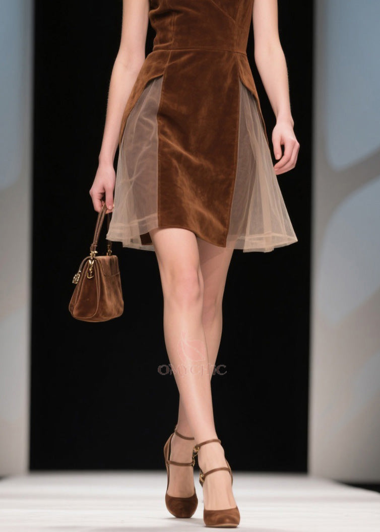 Deep V-Neck Wrap Sleeveless Velvet Tulle Side Panel Fit and Flare Mini Dress