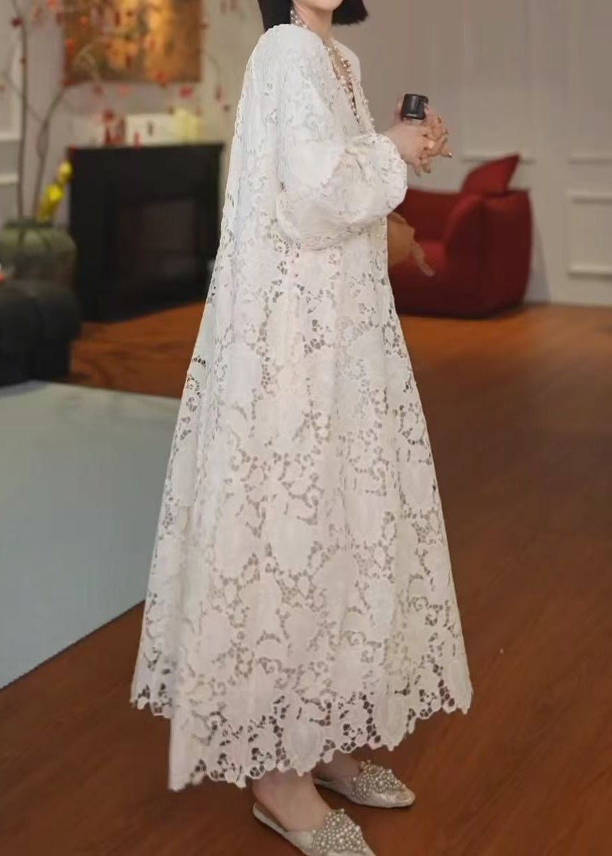 Floral Lace Split V-Neck Lantern Sleeve Scalloped Hem Maxi Dress