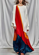 French White Asymmetrical Design Patchwork Silk Maxi Dresses Long Sleeve 2