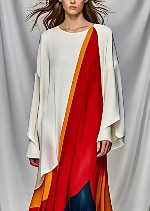 French White Asymmetrical Design Patchwork Silk Maxi Dresses Long Sleeve 4