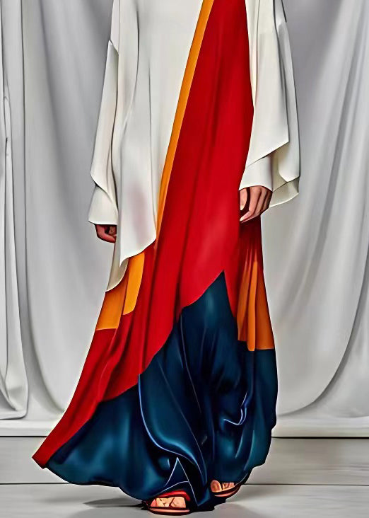 French White Asymmetrical Design Patchwork Silk Maxi Dresses Long Sleeve 5