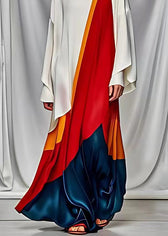 French White Asymmetrical Design Patchwork Silk Maxi Dresses Long Sleeve 5