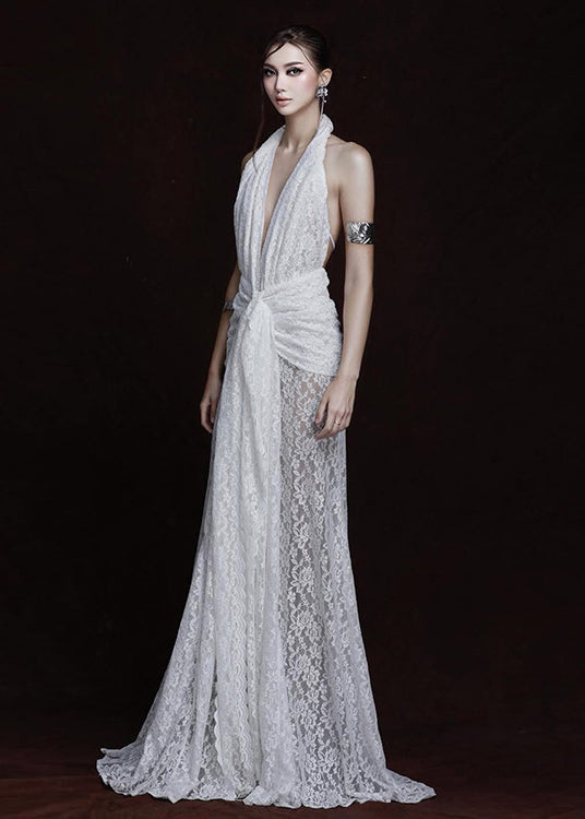 Lace Halter Neck High Split Maxi Dress - View 4