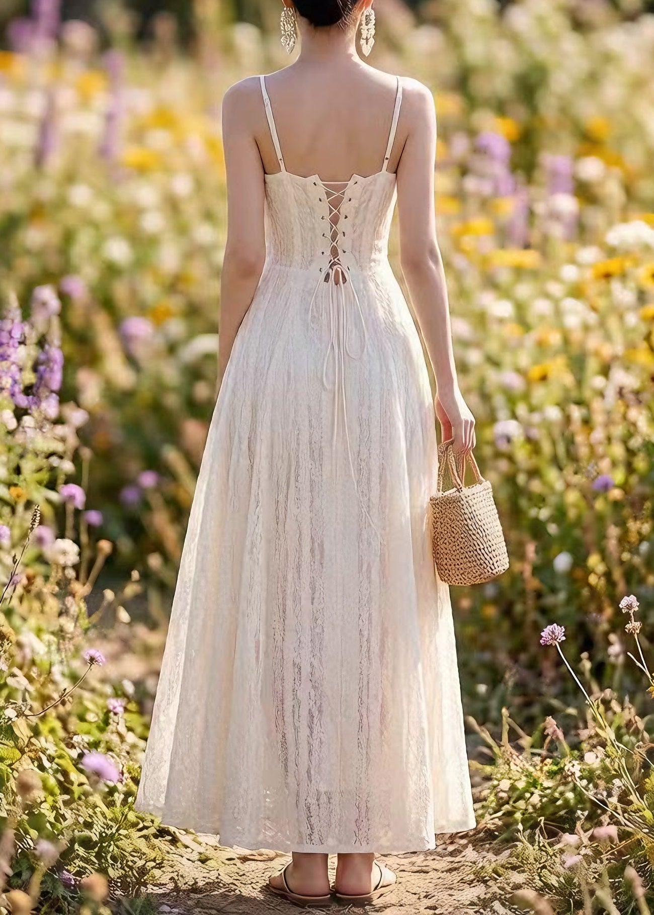 French White Lace Up Spaghetti Strap Summer Dress 2