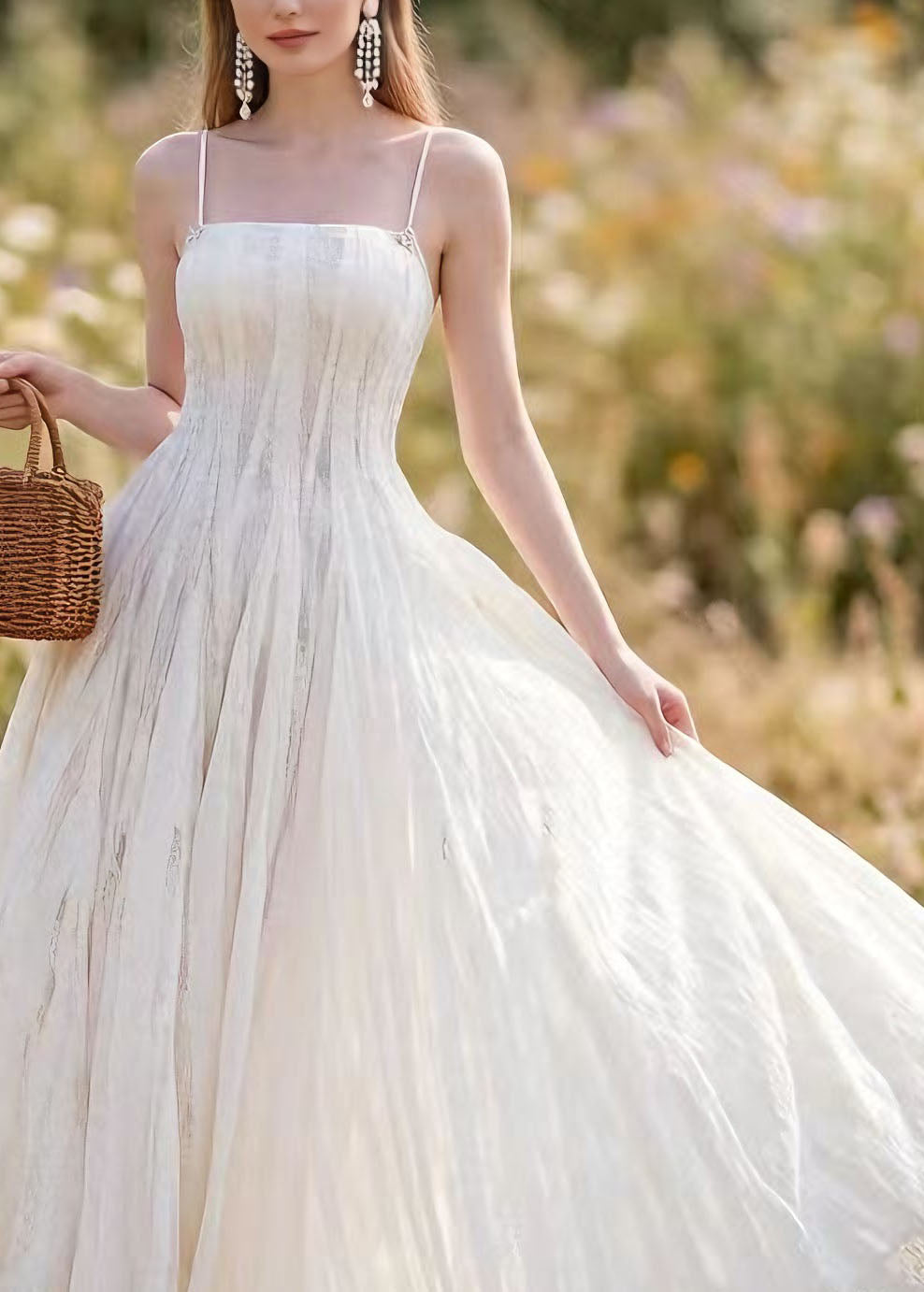 French White Lace Up Spaghetti Strap Summer Dress 3