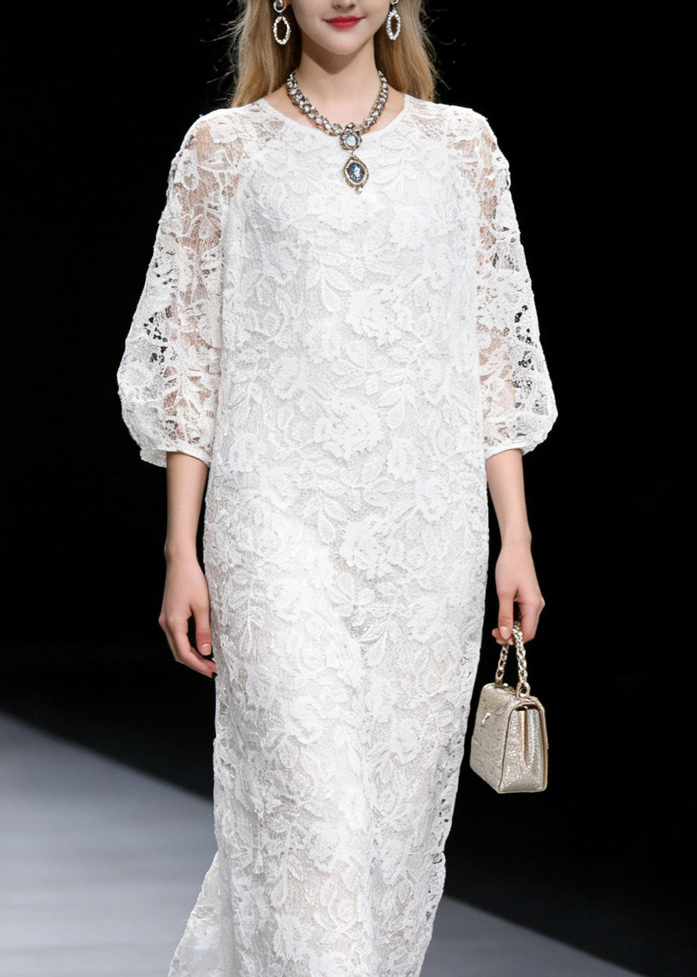 Floral Lace Crew Neck Three Quarter Puff Sleeve Scalloped Hem Maxi Dress