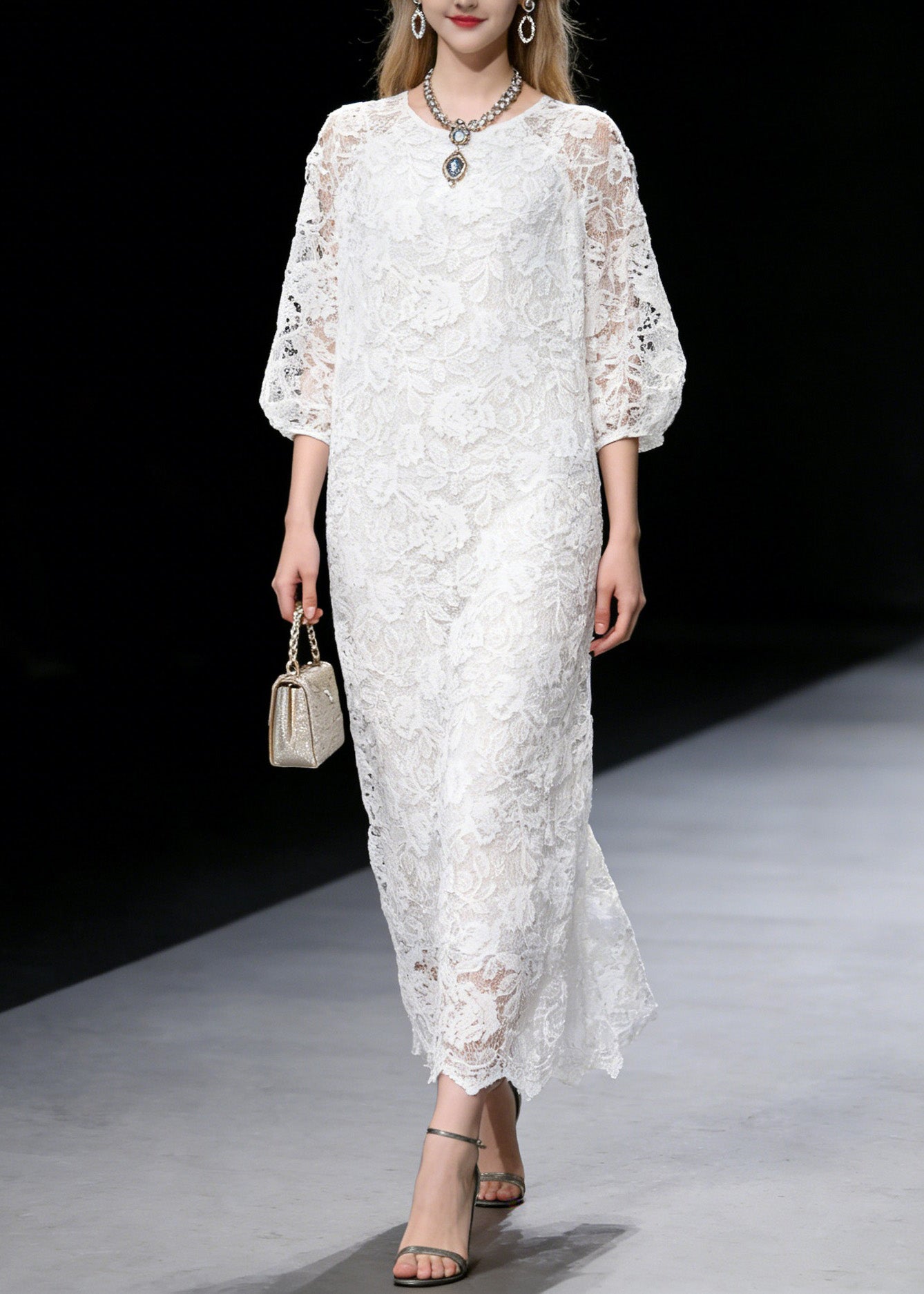 Floral Lace Crew Neck Three Quarter Puff Sleeve Scalloped Hem Maxi Dress