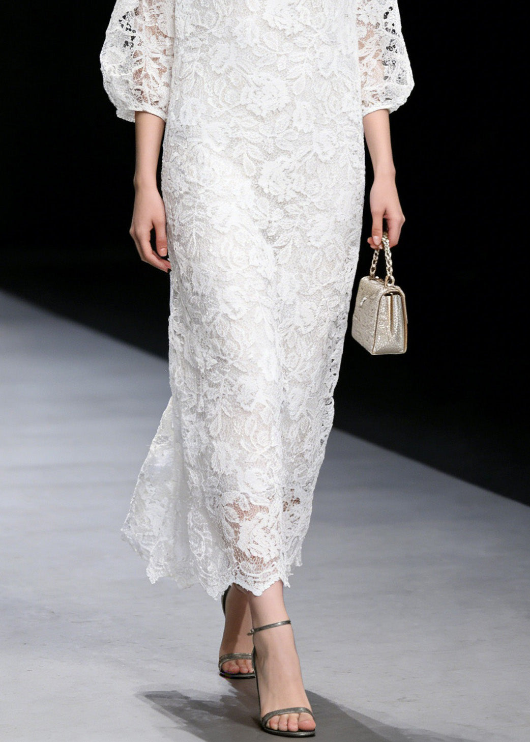 Floral Lace Crew Neck Three Quarter Puff Sleeve Scalloped Hem Maxi Dress