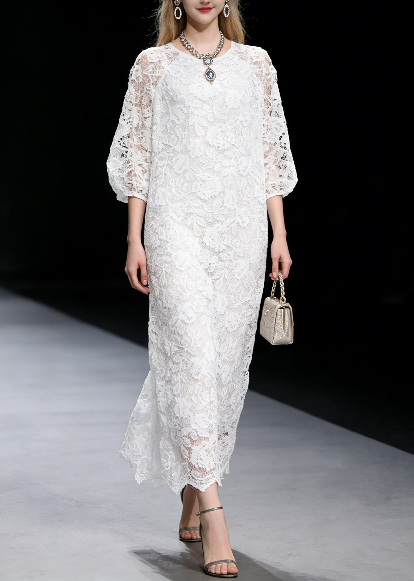 Floral Lace Crew Neck Three Quarter Puff Sleeve Scalloped Hem Maxi Dress