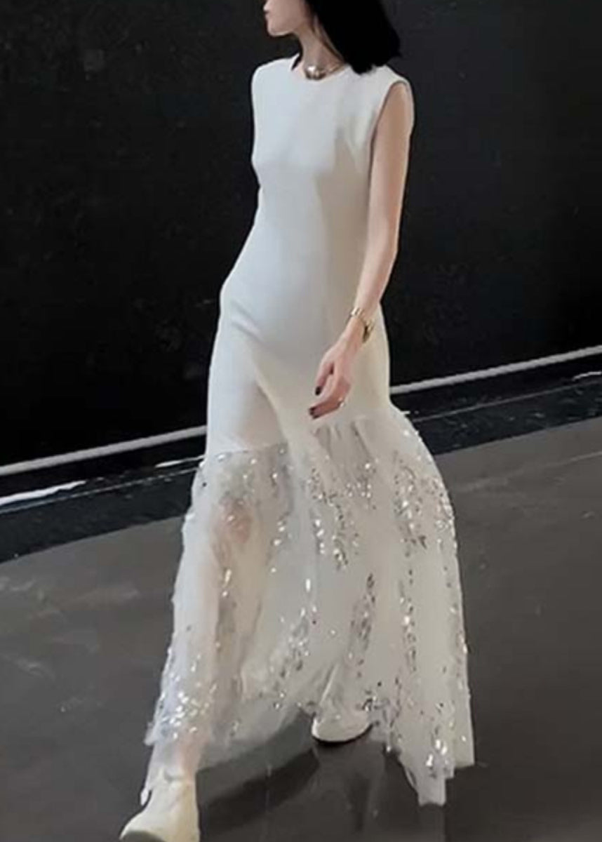 Sequin Dripping Tulle Panel Sleeveless Crew Neck Asymmetrical Seam Maxi Gown