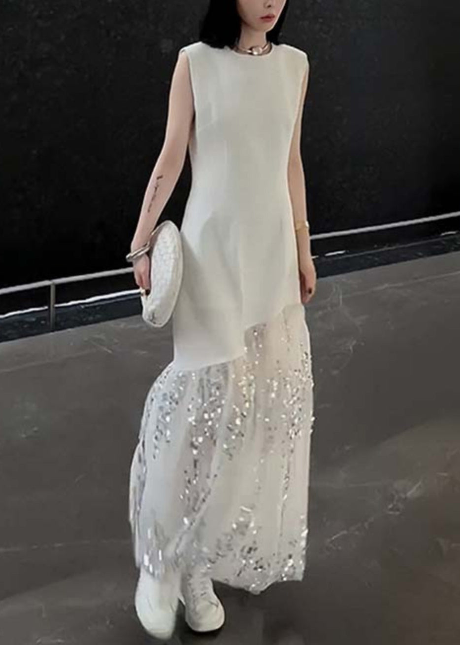 Sequin Dripping Tulle Panel Sleeveless Crew Neck Asymmetrical Seam Maxi Gown