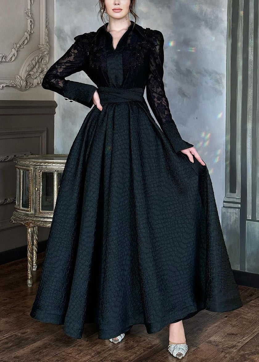 Lace Floral Embroidered Peter Pan Collar Long Sleeve Chevron Texture Maxi Dress