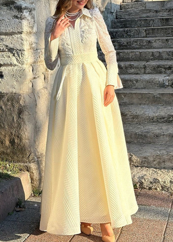 Lace Floral Embroidered Peter Pan Collar Long Sleeve Chevron Texture Maxi Dress