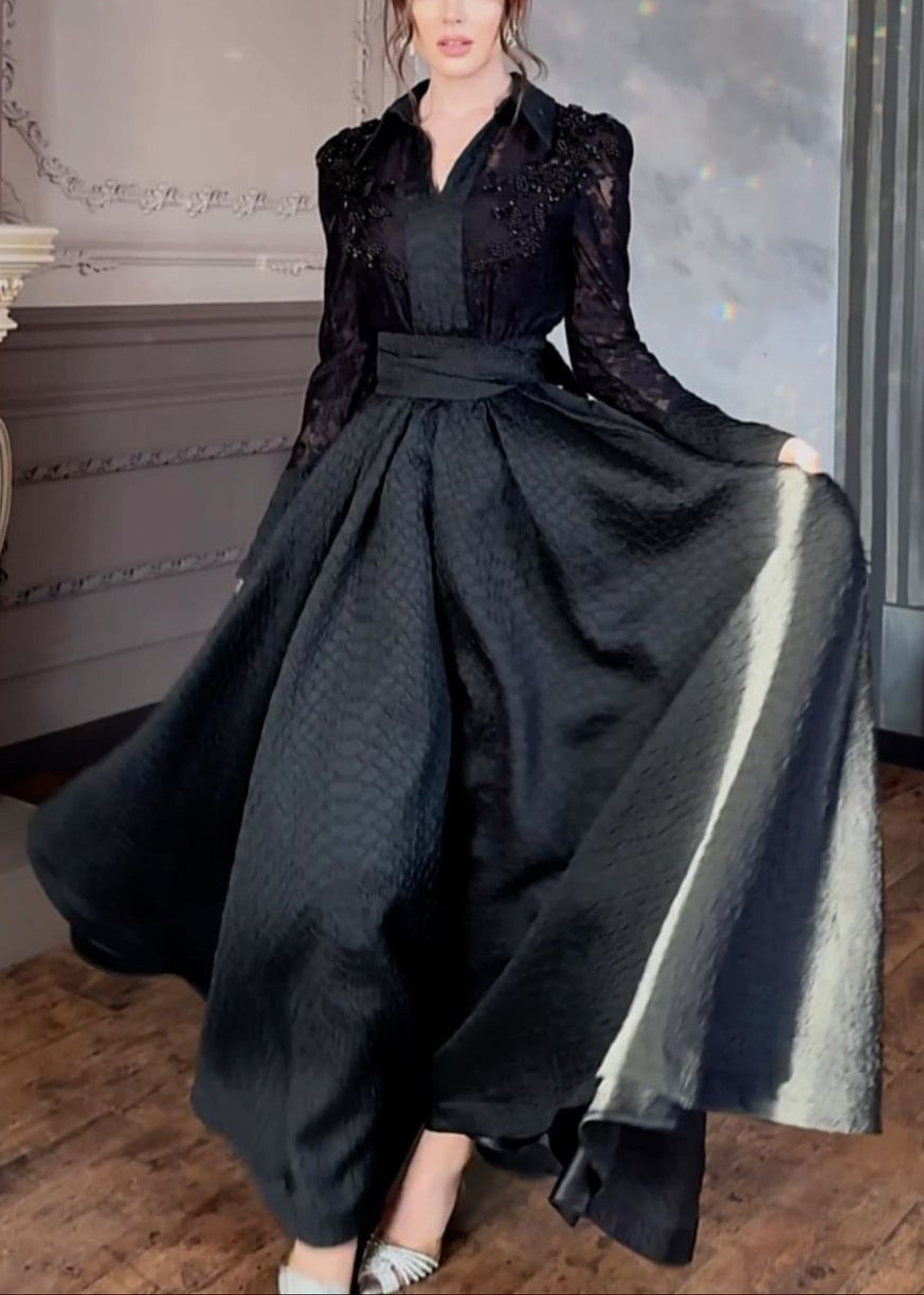 Lace Floral Embroidered Peter Pan Collar Long Sleeve Chevron Texture Maxi Dress