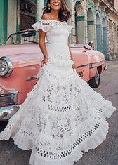 French White Ruffled Hollow Out Lace Maxi Dresses Summer
