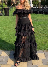 French White Ruffled Hollow Out Lace Maxi Dresses Summer 2