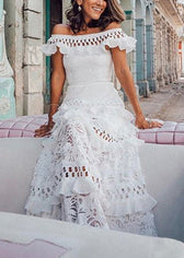 French White Ruffled Hollow Out Lace Maxi Dresses Summer 3