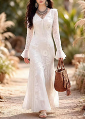 French White Ruffled Patchwork Lace Long Dress Spring