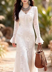 French White Ruffled Patchwork Lace Long Dress Spring 2