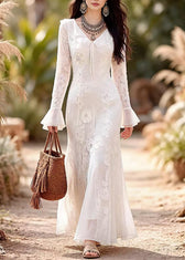 French White Ruffled Patchwork Lace Long Dress Spring 3