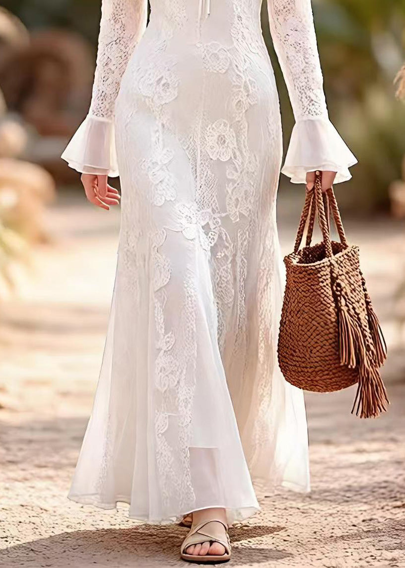 French White Ruffled Patchwork Lace Long Dress Spring 4