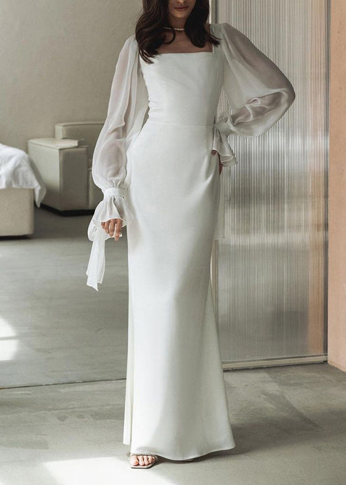 French White Square Collar Tulle Patchwork Cotton Dress Fall