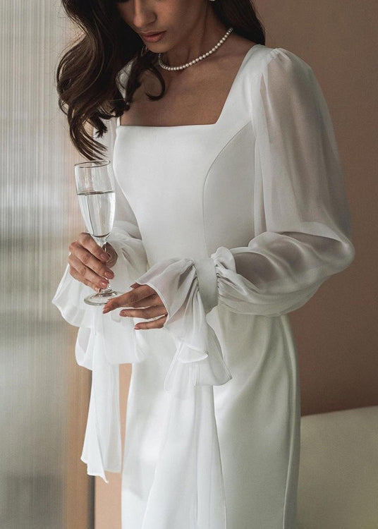 Square Neck Sheer Puff Sleeve Ribbon Tie Cuff Ruffle Trim Maxi Gown