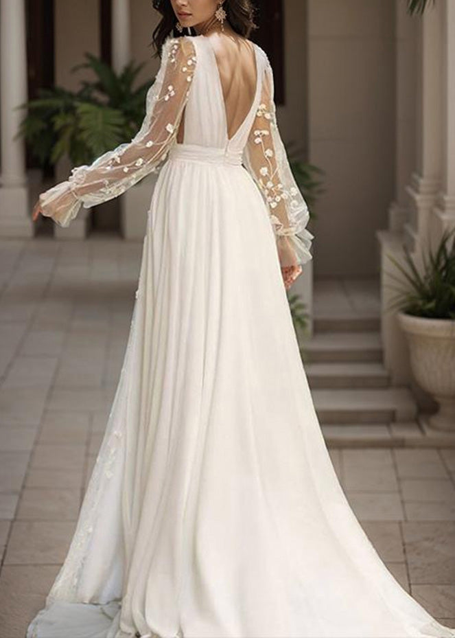 French White V Neck Backless Chiffon Robe Dresses Summer 2