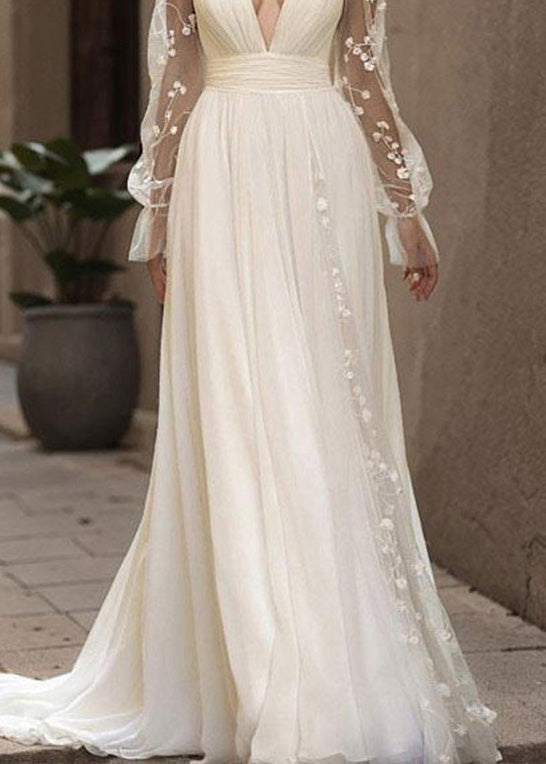 French White V Neck Backless Chiffon Robe Dresses Summer 4