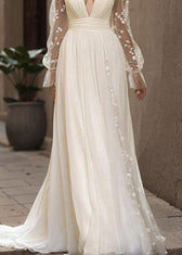 French White V Neck Backless Chiffon Robe Dresses Summer 4