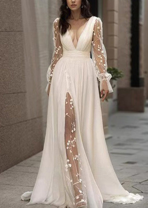 French White V Neck Backless Chiffon Robe Dresses Summer 5