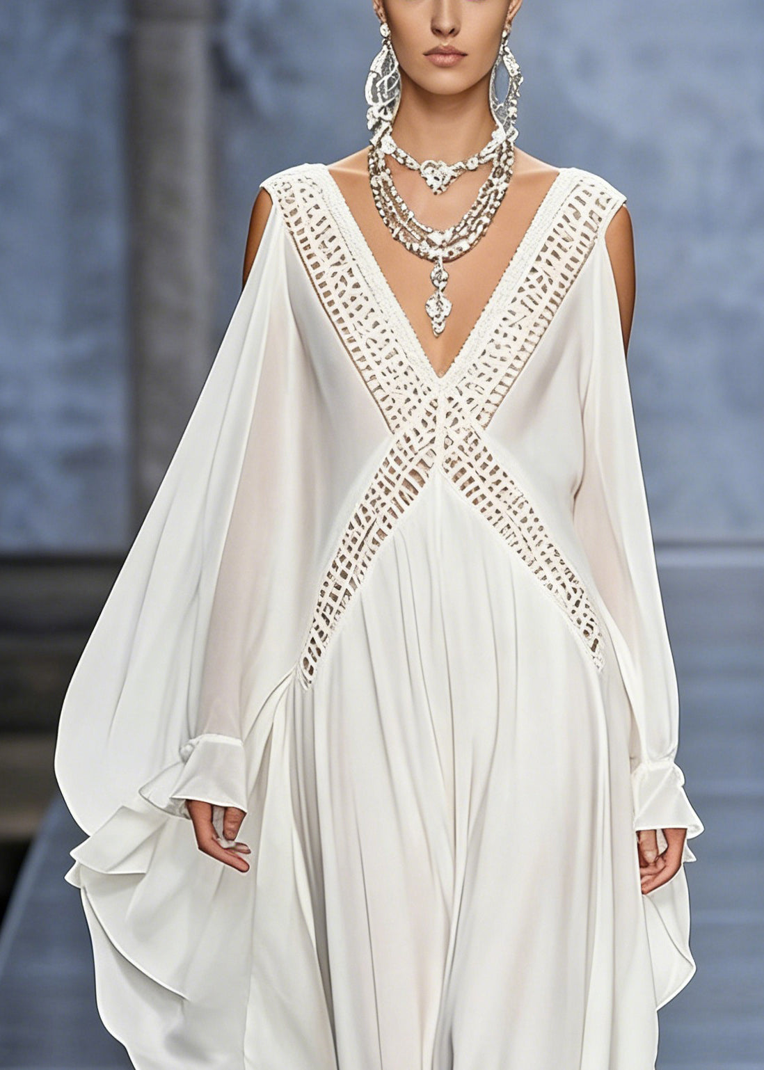 French White V Neck Hollow Out Chiffon Maxi Dresses Butterfly Sleeve 2