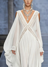 French White V Neck Hollow Out Chiffon Maxi Dresses Butterfly Sleeve 2