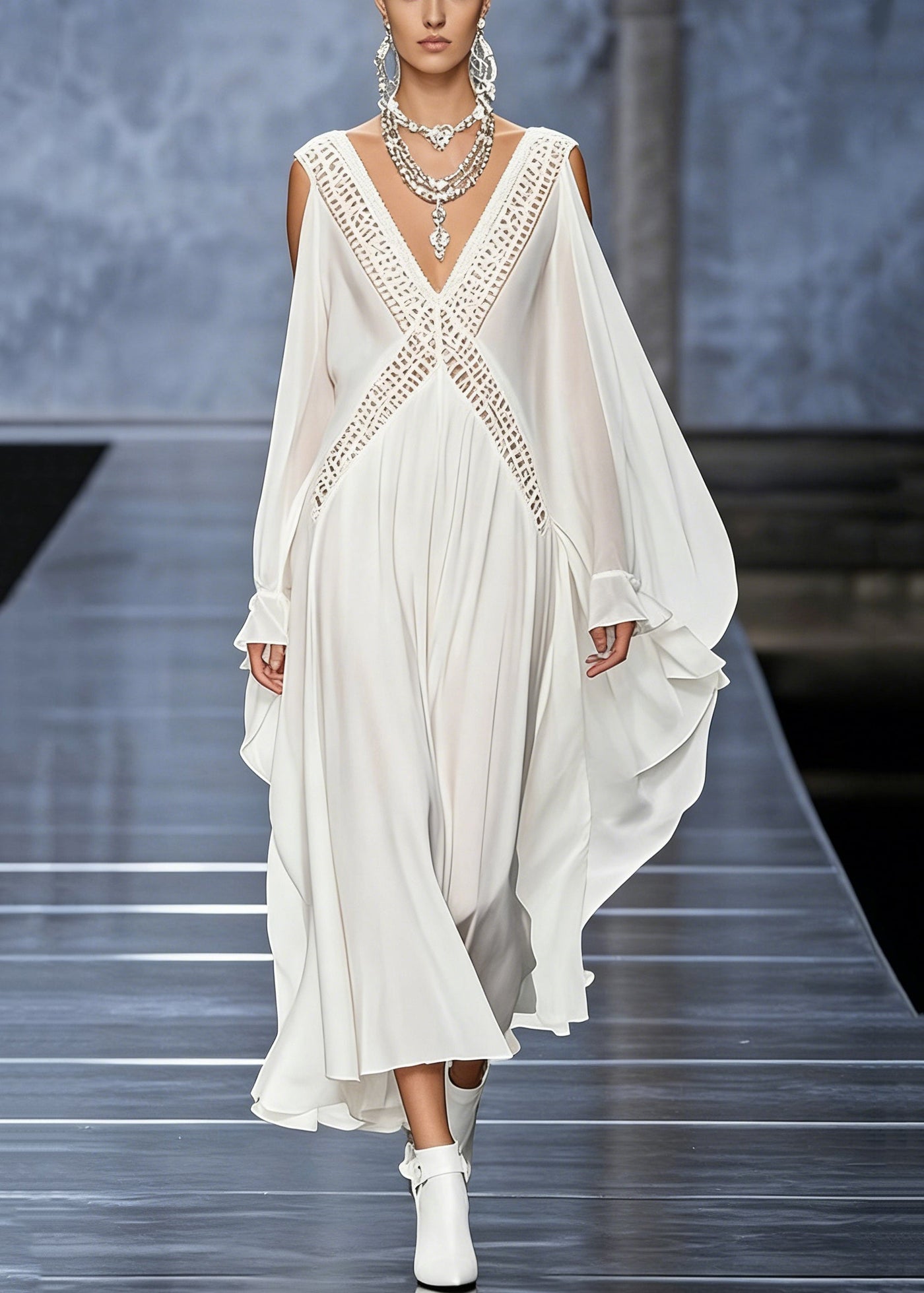 French White V Neck Hollow Out Chiffon Maxi Dresses Butterfly Sleeve 3